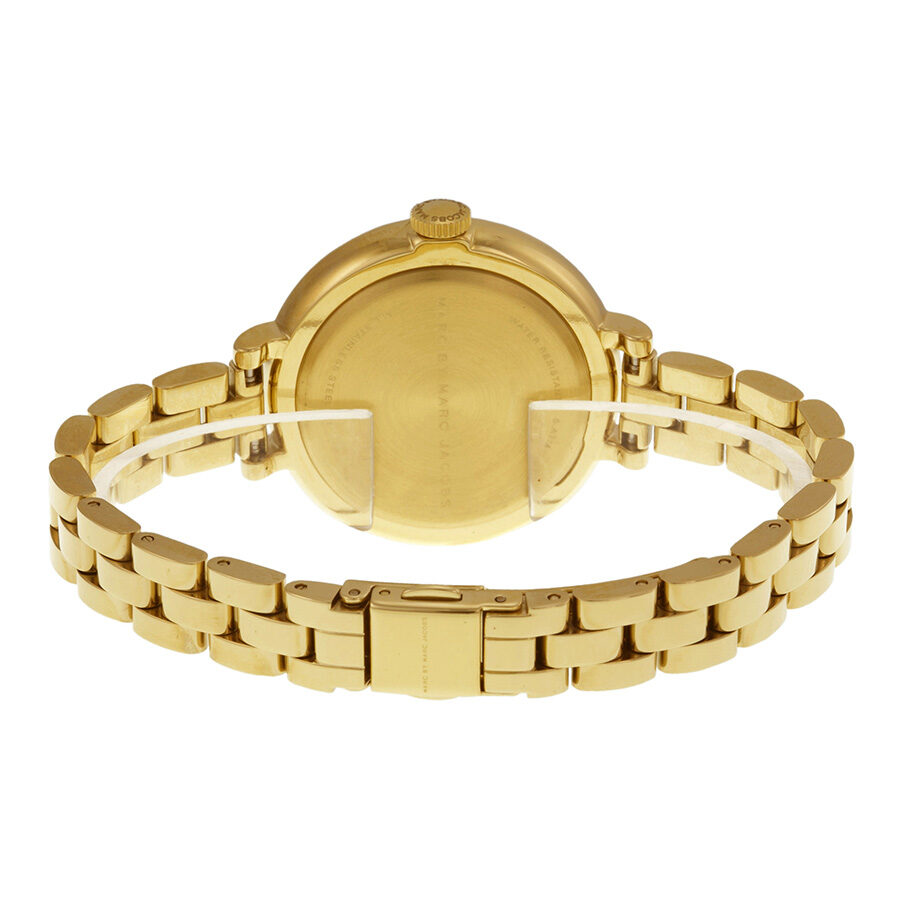 Caseback view of Marc by Marc Jacobs Sally MBM3366 gold-tone watch with chain bracelet