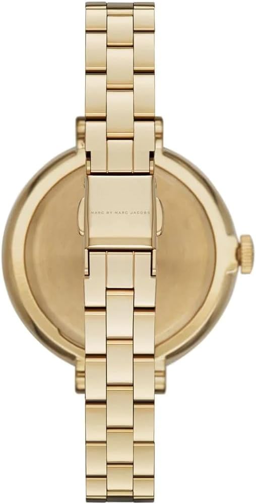 Overhead view of Marc by Marc Jacobs Sally MBM3366 with blue dial and gold-tone bracelet