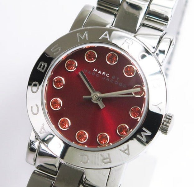 Marc Jacobs Amy women's watch front view with red dial and crystal hour markers