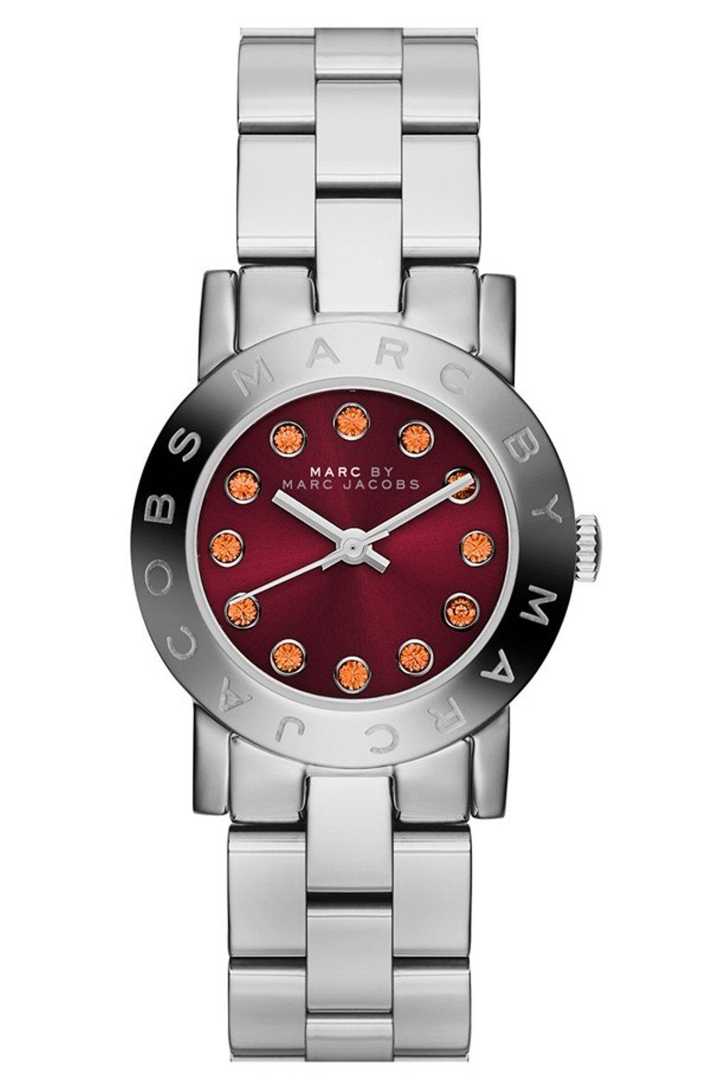 Marc Jacobs Amy women's watch with red dial and silver steel bracelet, front view