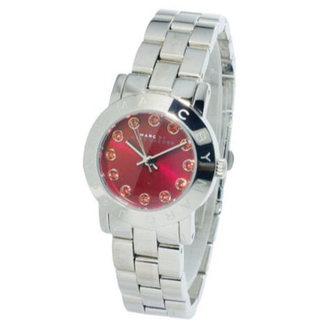 Marc Jacobs Amy watch side profile showing red dial and steel bracelet strap
