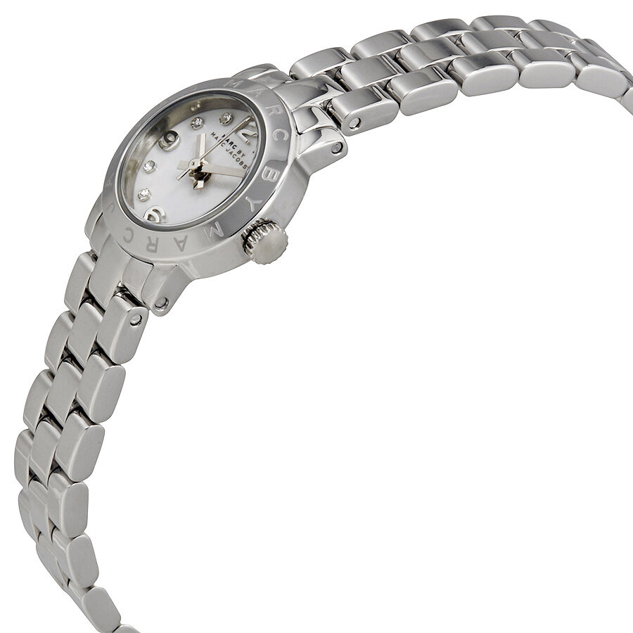 Marc Jacobs Amy silver steel watch angled view showing dial and extended bracelet