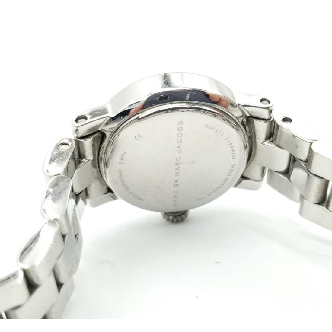 Marc Jacobs Amy women's watch caseback detail with engraved text and clasp