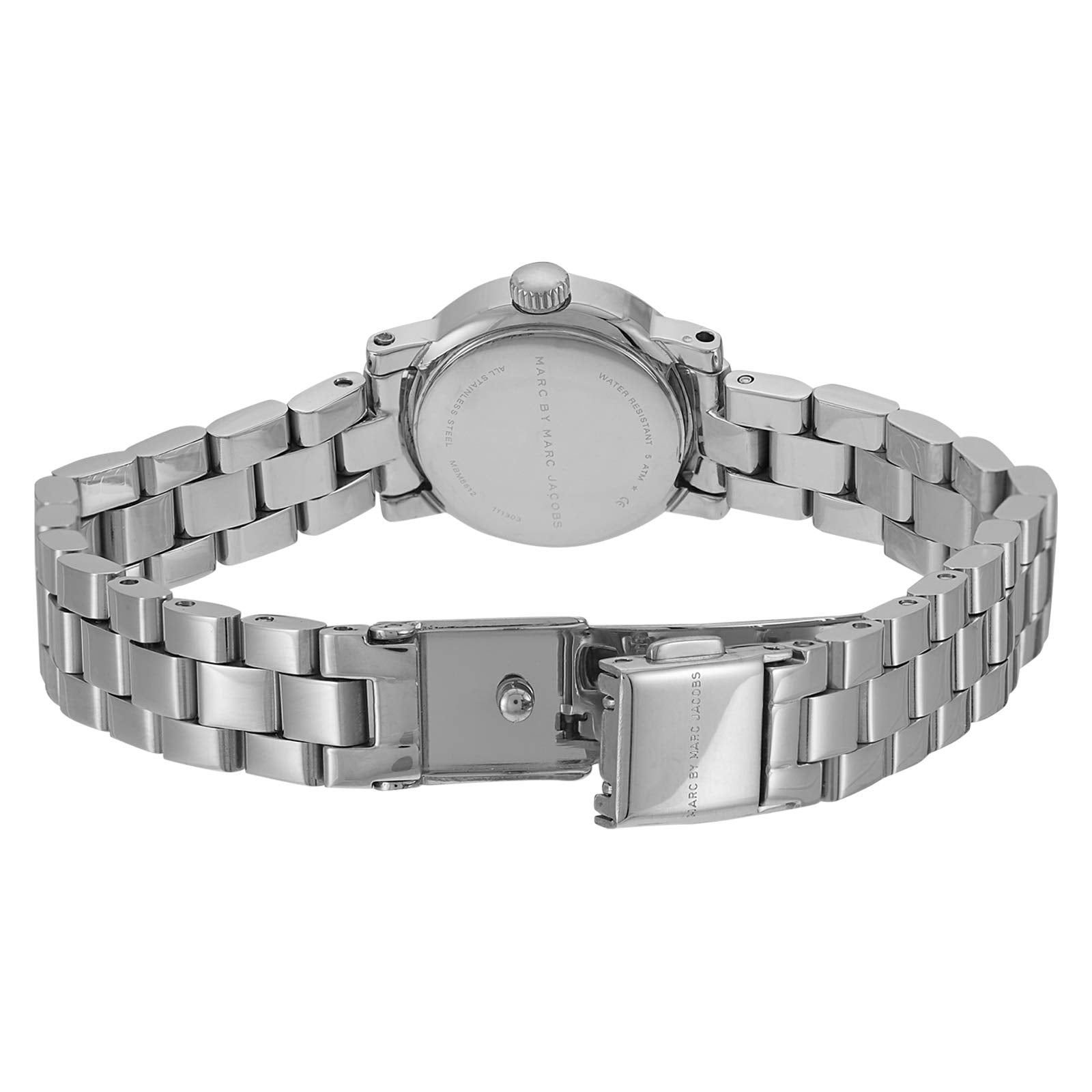 Marc Jacobs Amy MBM8611 watch caseback showing stainless steel and fold-over clasp