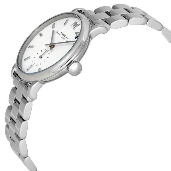 Marc Jacobs Baker watch angled side view showing white dial and silver bracelet