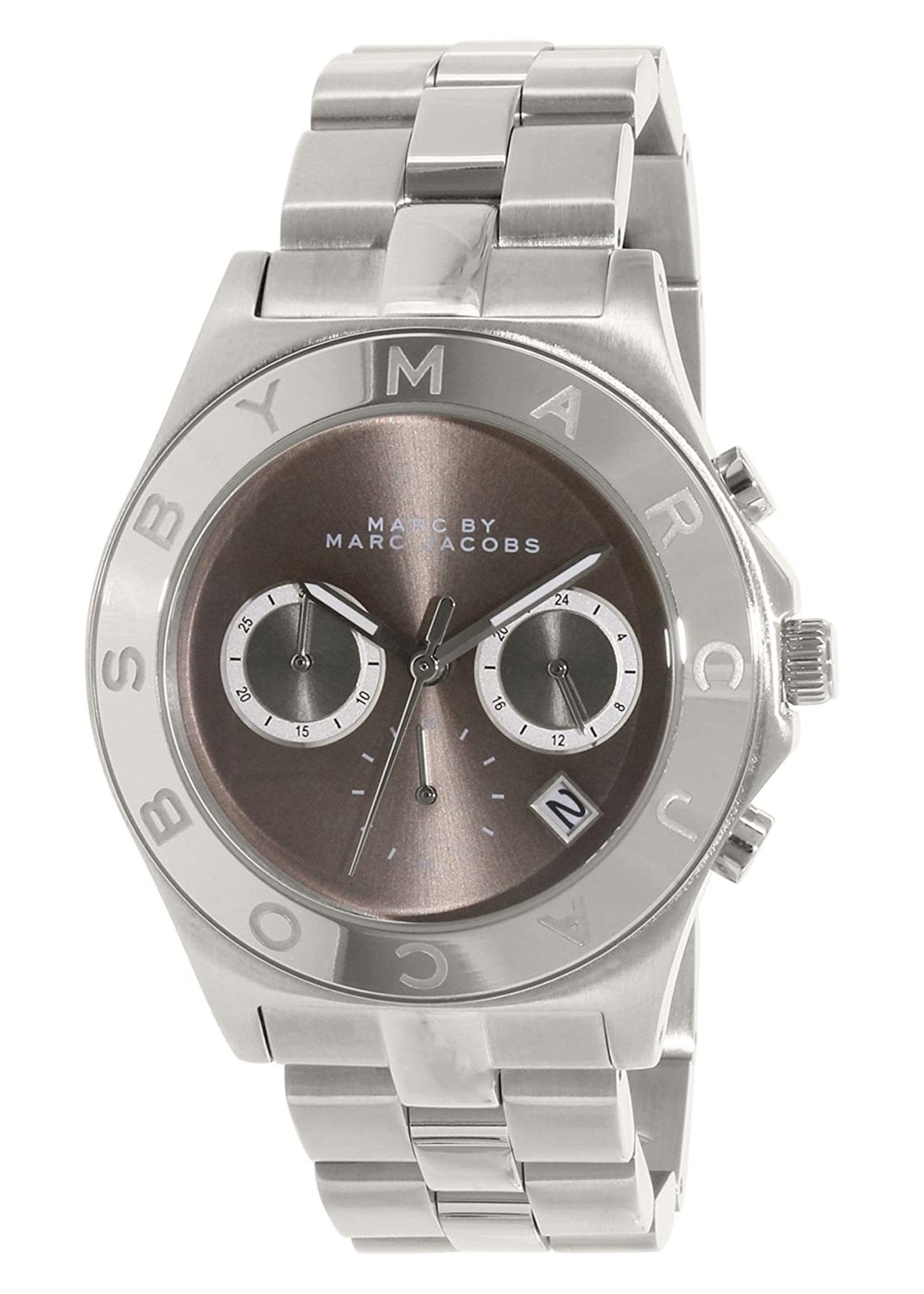 Marc Jacobs Blade MBM8636 chronograph watch with brown dial and silver steel bracelet