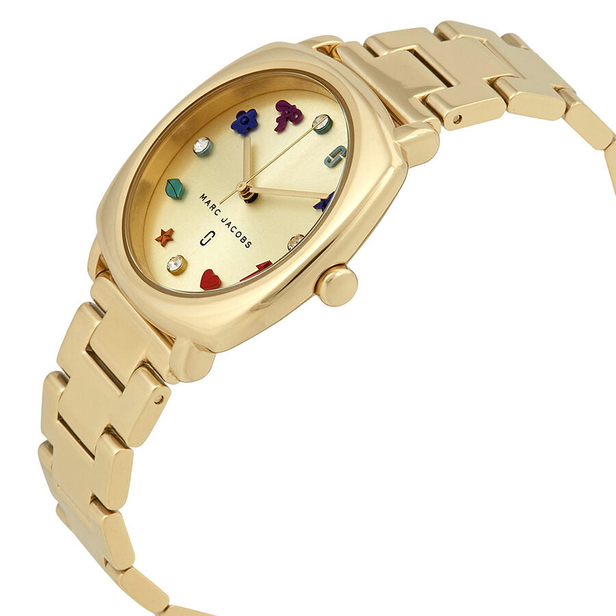 Marc Jacobs Mandy MJ3549 watch at angle showing gold steel bracelet and dial