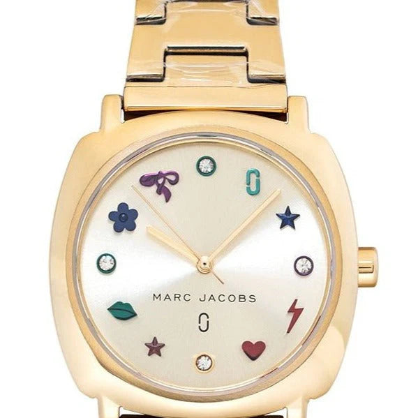 Marc Jacobs Mandy MJ3549 gold watch with colorful heart star flower symbol dial markers