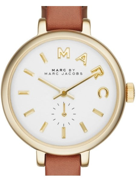 Sally watch dial with white face, gold hour markers and MBM branding with subdial