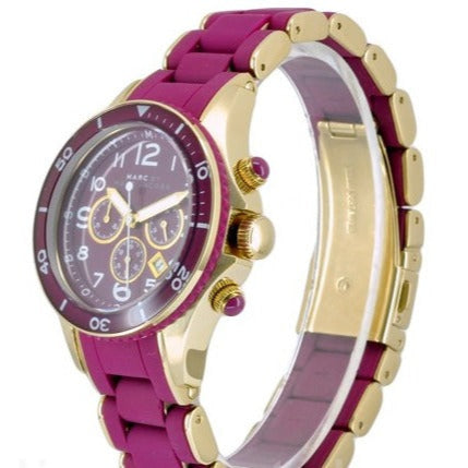 Marc Jacobs Rock watch side view showing gold-tone and purple strap construction