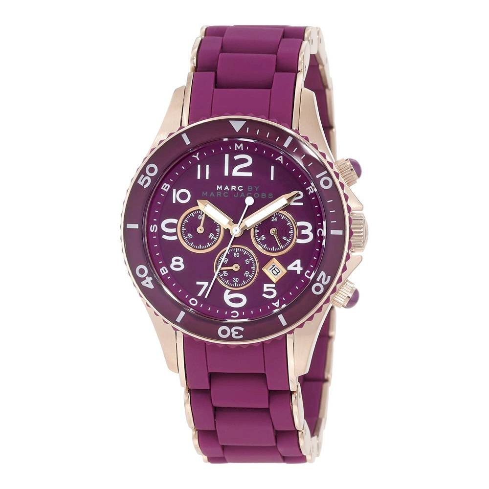 Marc Jacobs Rock chronograph watch with purple dial and quilted silicone strap