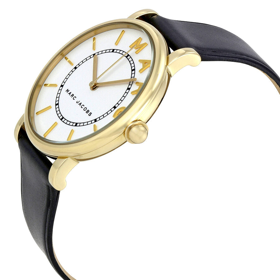 Marc Jacobs Roxy MJ1532 side view showing gold-tone case, white dial, and black leather strap