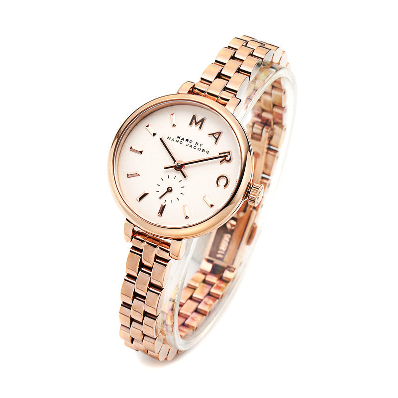 Sally watch angled view showing rose gold case and link bracelet