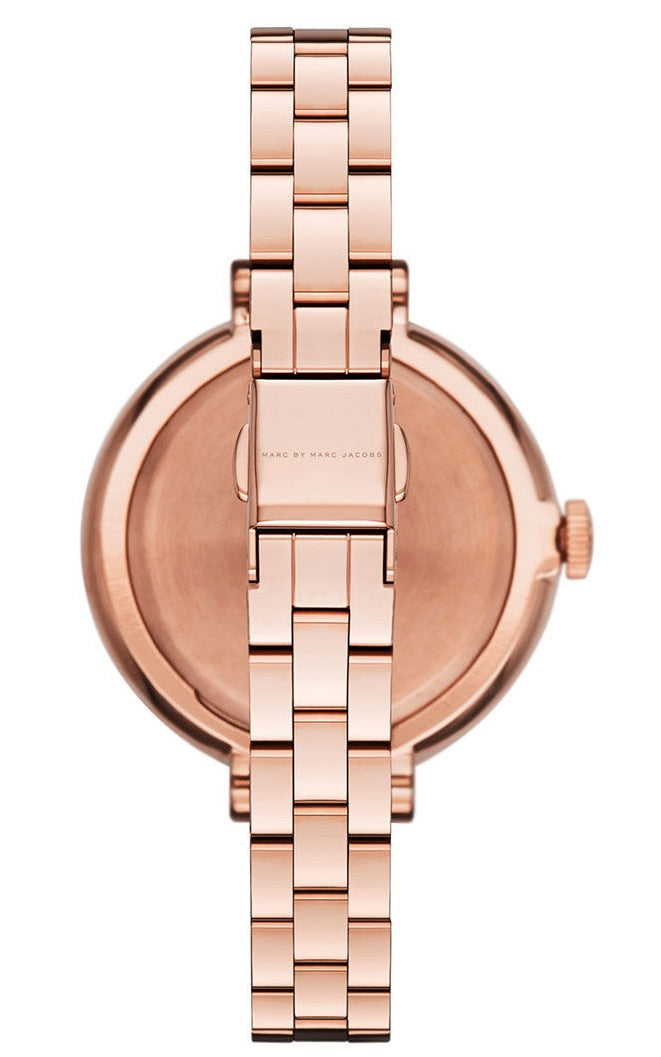 Sally watch caseback with rose gold case and bracelet attachment