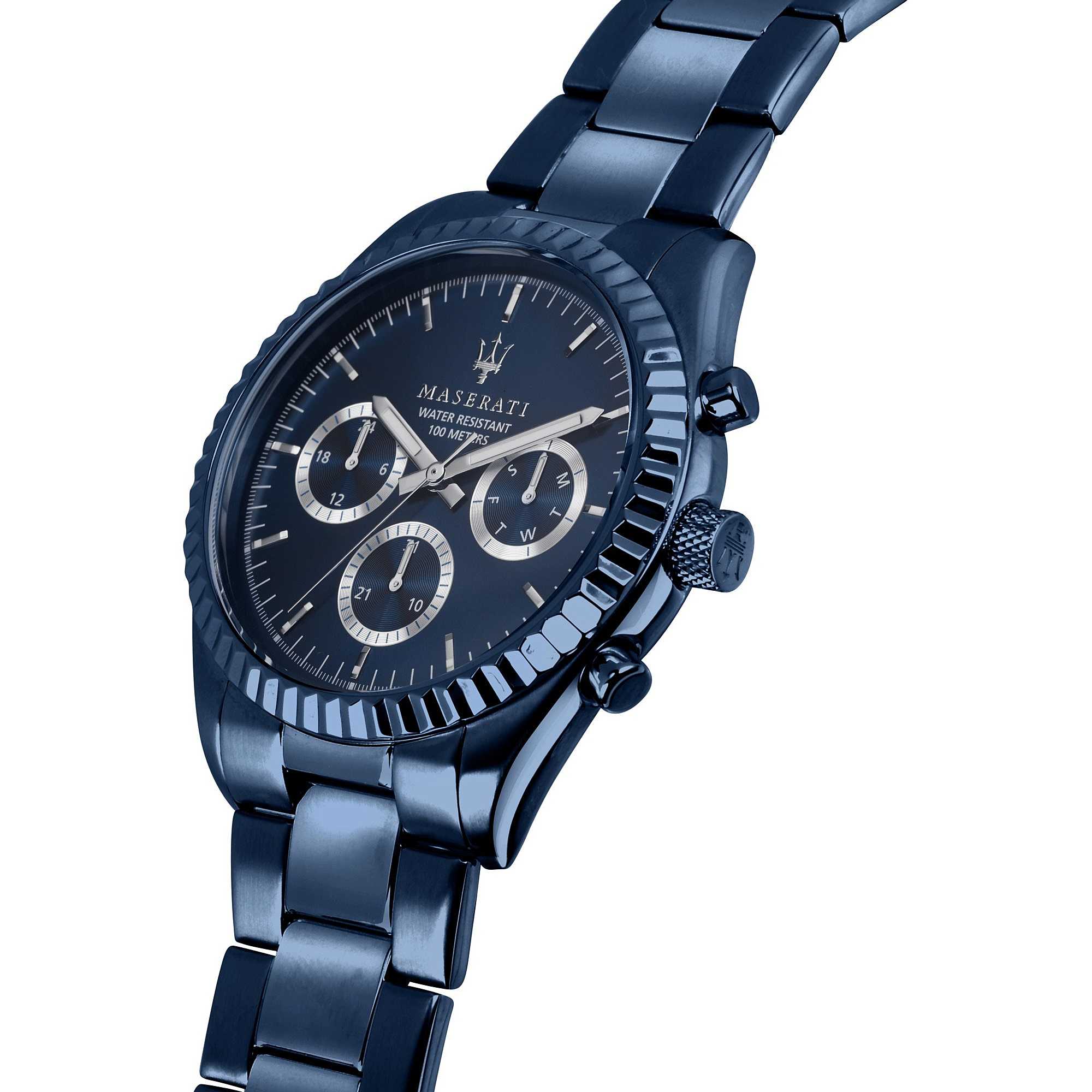 Angled view of Maserati Blue Edition chronograph with blue case and bracelet