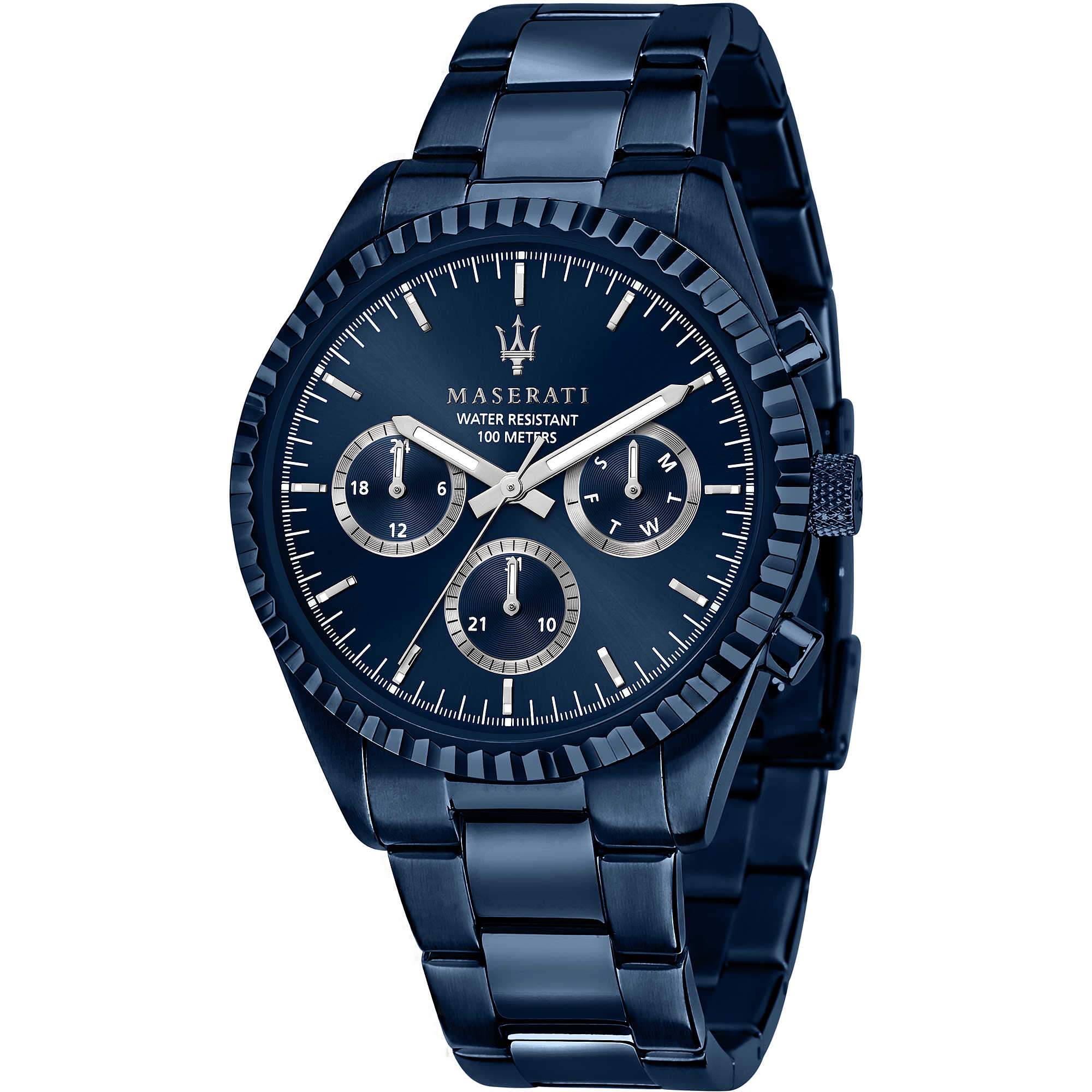Maserati Blue Edition men's chronograph watch with blue dial and stainless steel bracelet