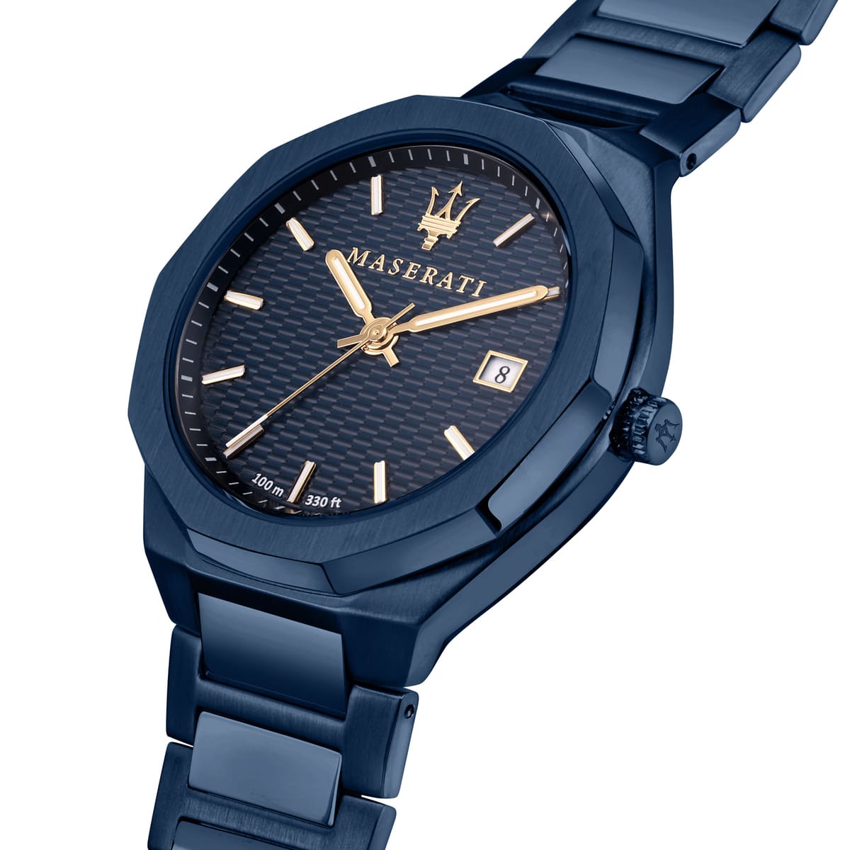 Angled view of Maserati Blue Edition watch showing blue steel bracelet and case profile