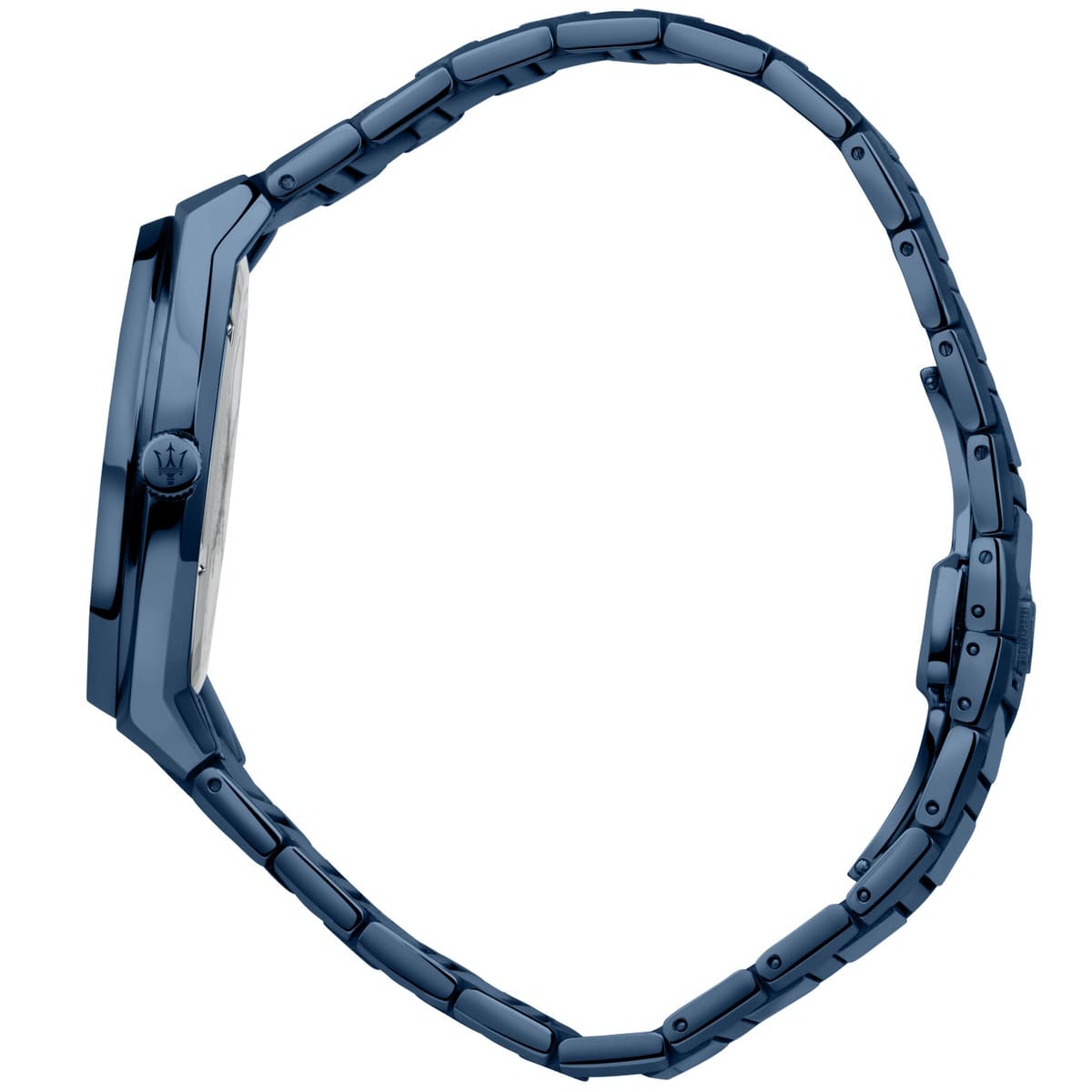 Blue steel link bracelet of Maserati Blue Edition watch displayed on flat surface