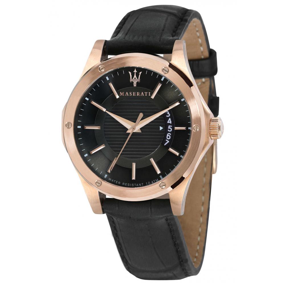 Maserati Circuito watch with black dial, rose gold case, and black leather strap