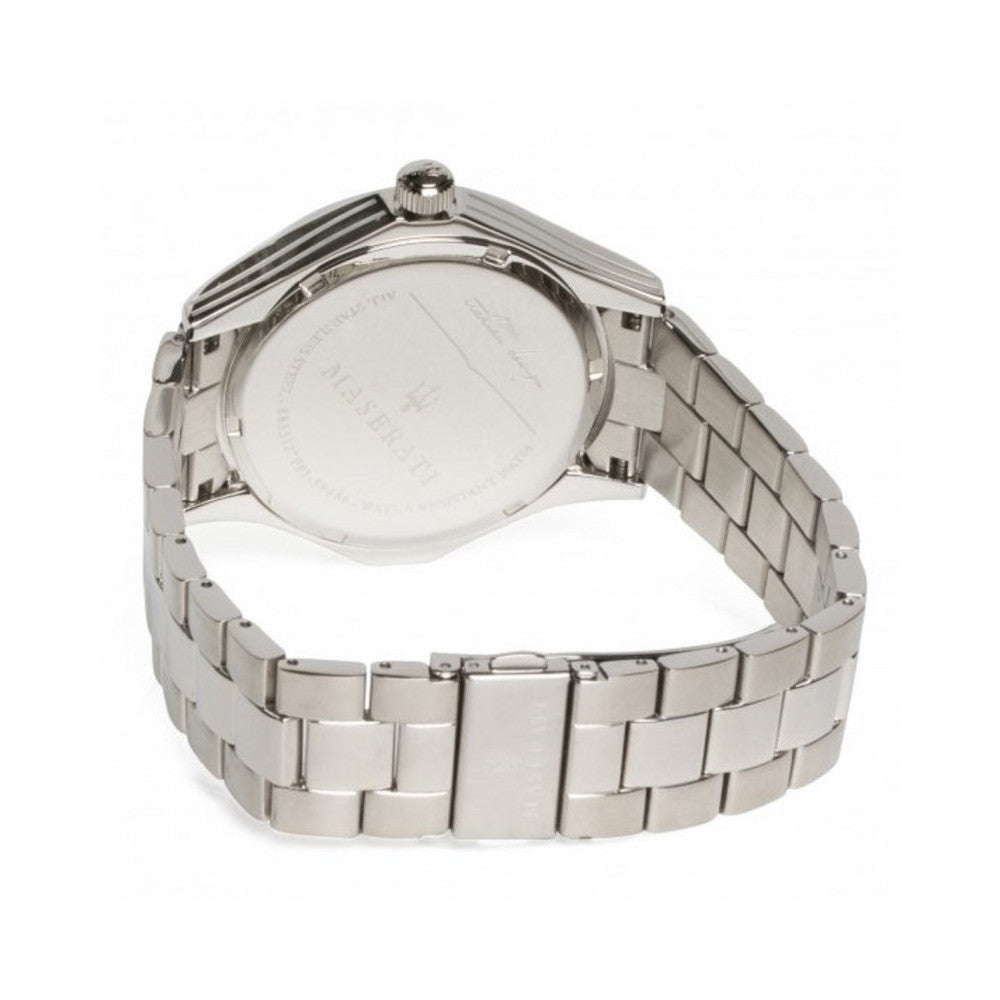Caseback of Maserati Circuito men's watch with stainless steel bracelet detail