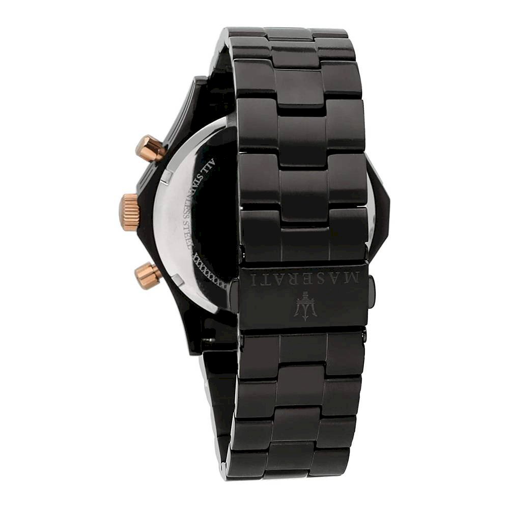 Maserati Circuito watch caseback showing black stainless steel bracelet and rose gold crown