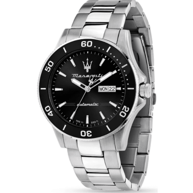 Maserati Competizione automatic watch with black dial and silver steel bracelet