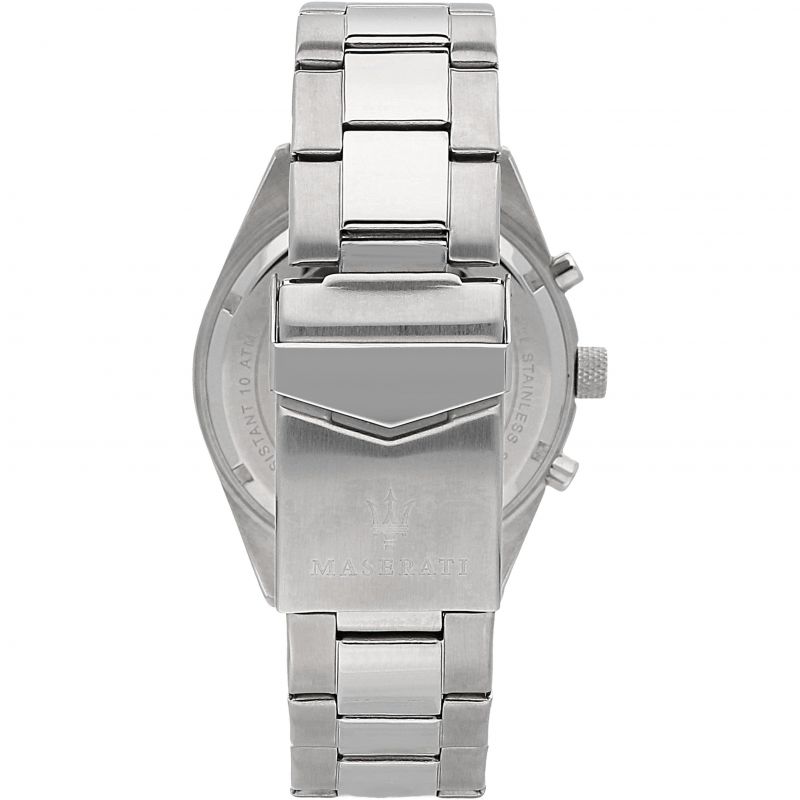 Caseback view of Maserati Competizione men's watch showing stainless steel bracelet