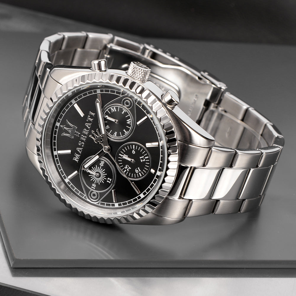 Maserati Competizione chronograph watch with three-link stainless steel bracelet and black dial