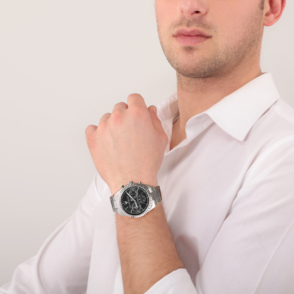 Maserati Competizione chronograph watch worn on wrist with black dial and steel case