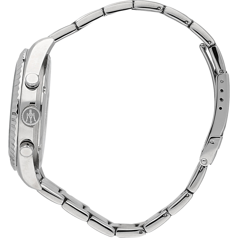 Maserati Competizione watch side view showing stainless steel case, crown and bracelet