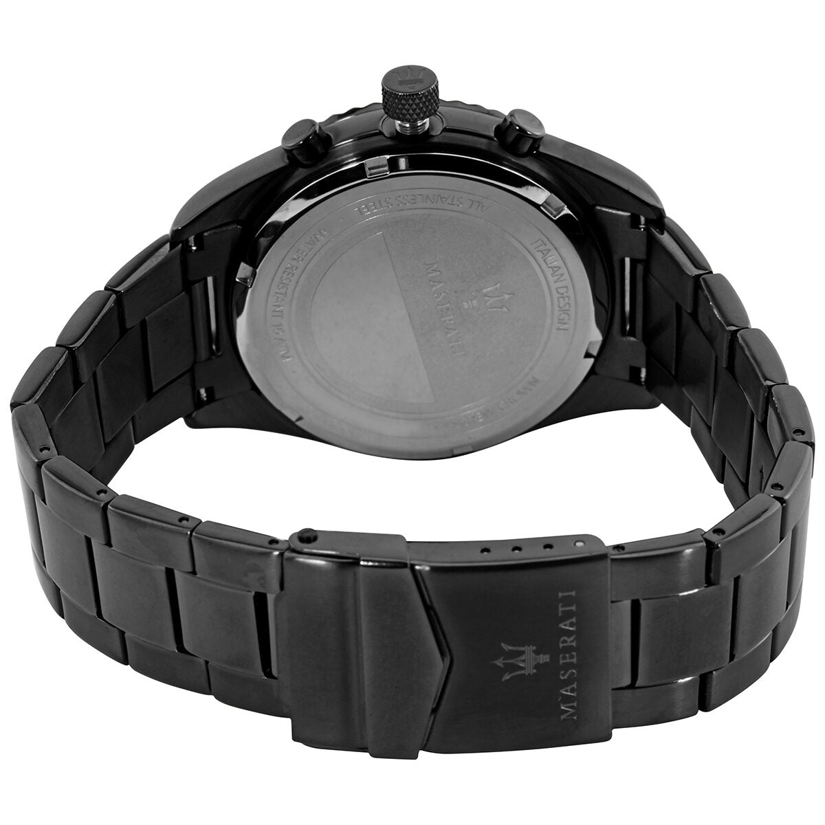 Back caseback view of Maserati Competizione watch showing black stainless steel bracelet