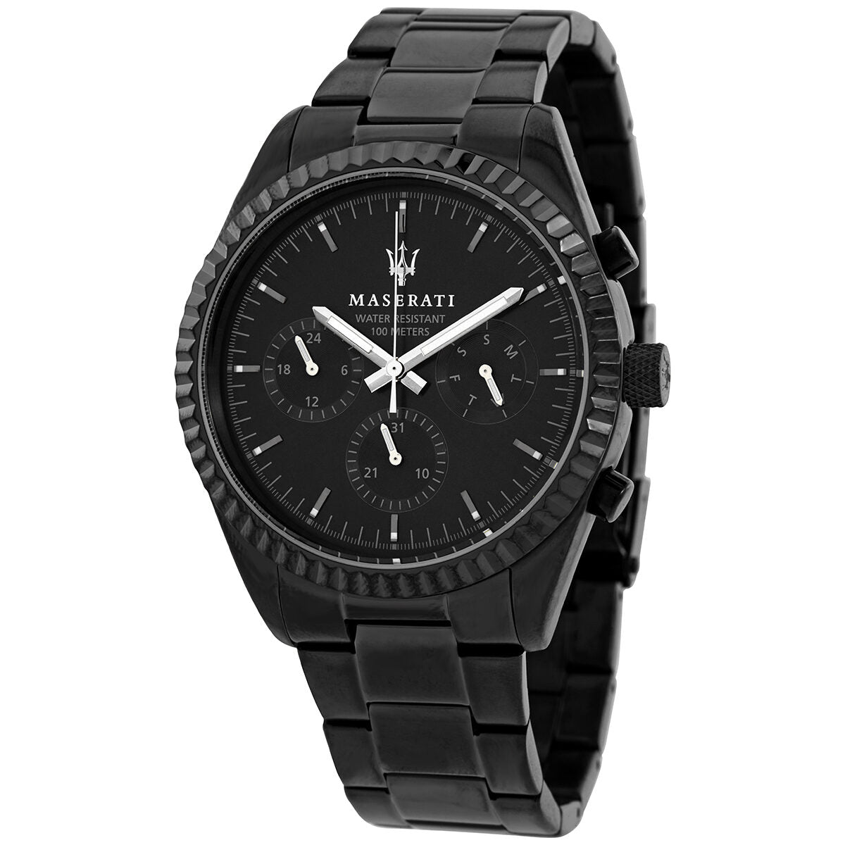 Maserati Competizioni chronograph quartz men's watch with black dial, white hands, and tachymeter bezel