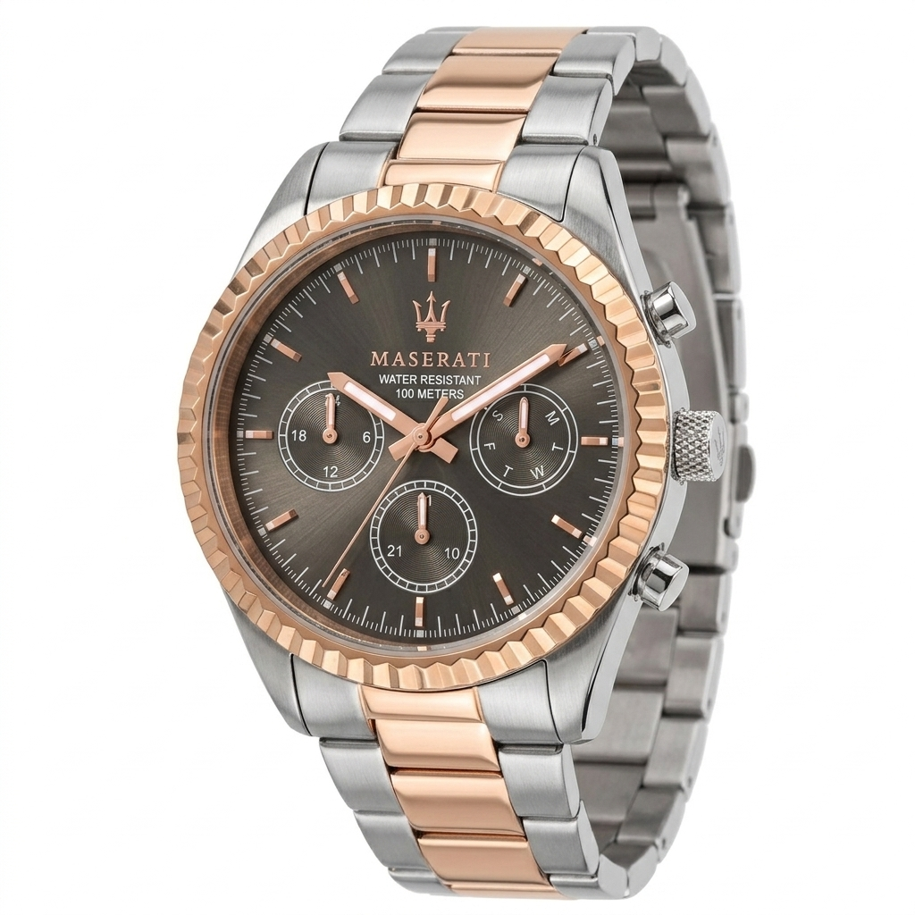 Maserati Competizione chronograph watch with two-tone steel and rose gold case and black dial