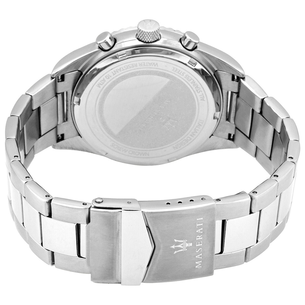 Maserati Competizione watch caseback showing steel case with Maserati branding and adjustment holes