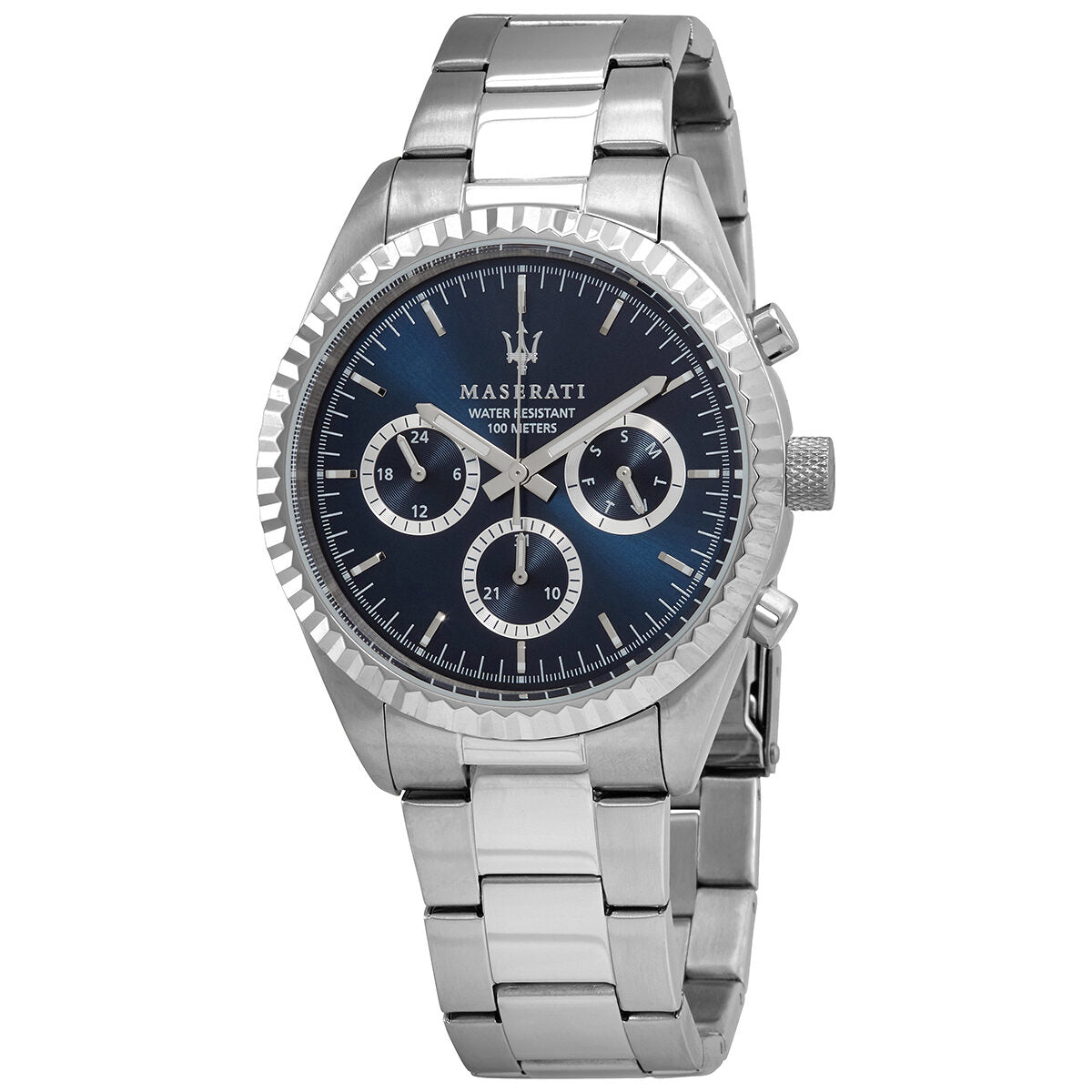 Maserati Competizione chronograph watch with blue dial, steel case, and three chronograph subdials