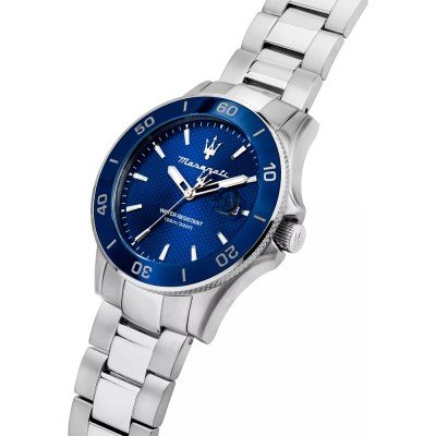 Maserati Competizione diver watch at angle showing blue bezel and stainless steel bracelet