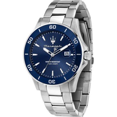 Maserati Competizione diver watch with stainless steel case, blue dial, and metal bracelet