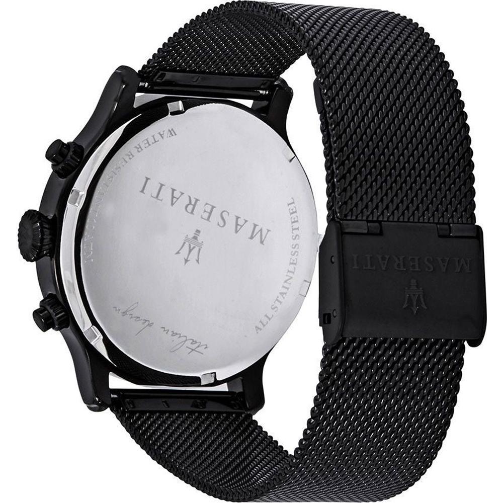 Maserati Epoca watch caseback showing engraved detail and mesh strap