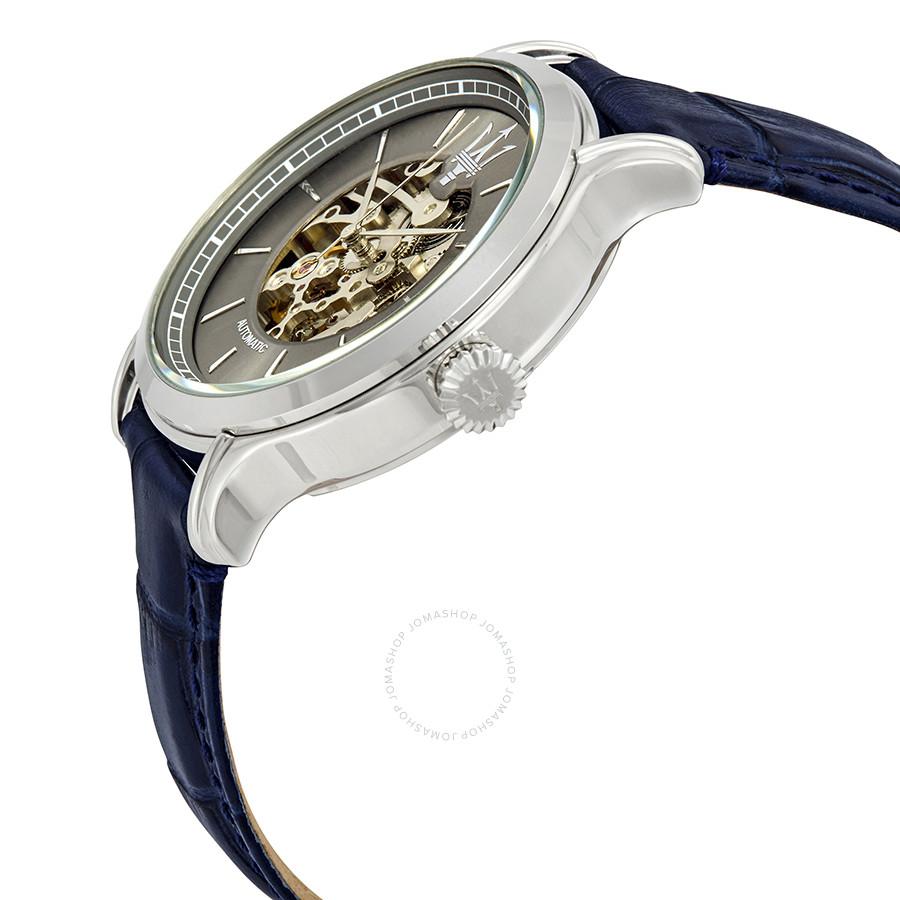 Maserati Epoca watch angled view showing skeleton dial with gold mechanical movement and chrome crown