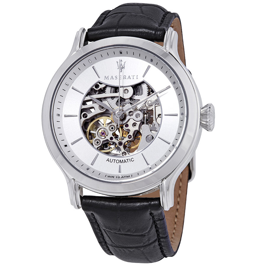 Maserati Epoca automatic men's watch with silver skeleton dial and black leather strap