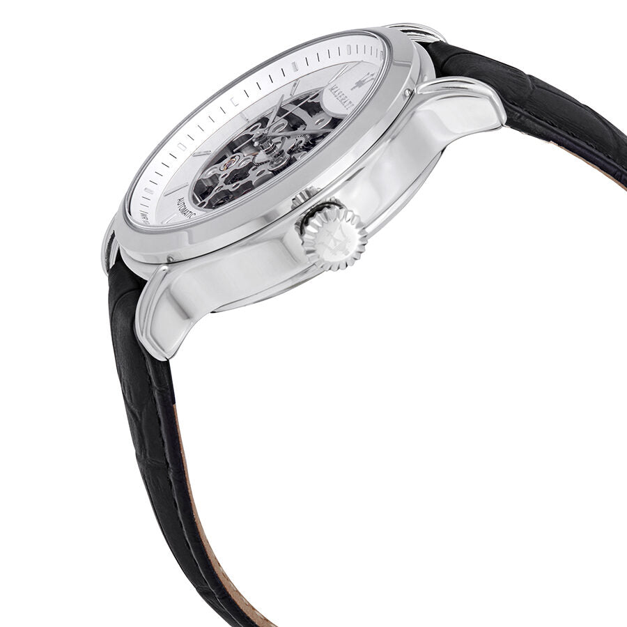 Maserati Epoca watch side profile showing stainless steel case and black leather strap