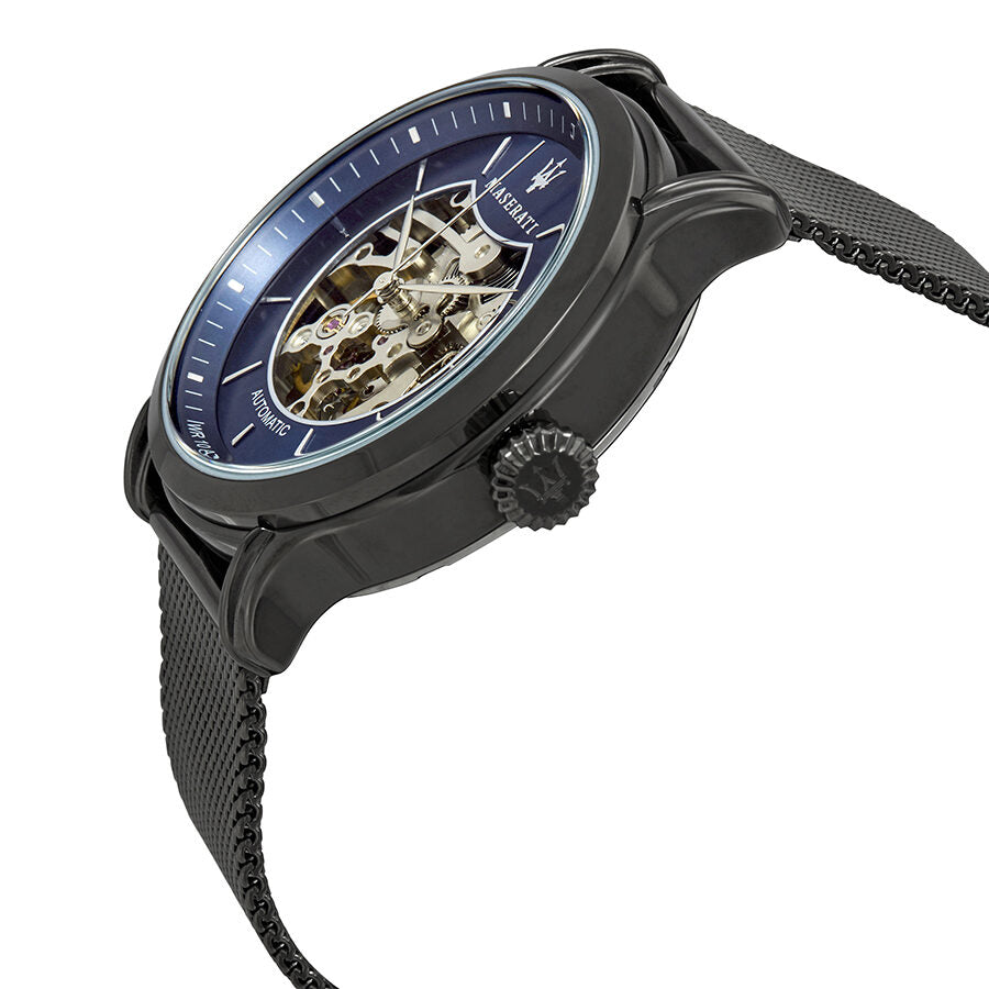 Maserati Epoca watch side angle view showing black case, blue dial with visible movement, and mesh strap