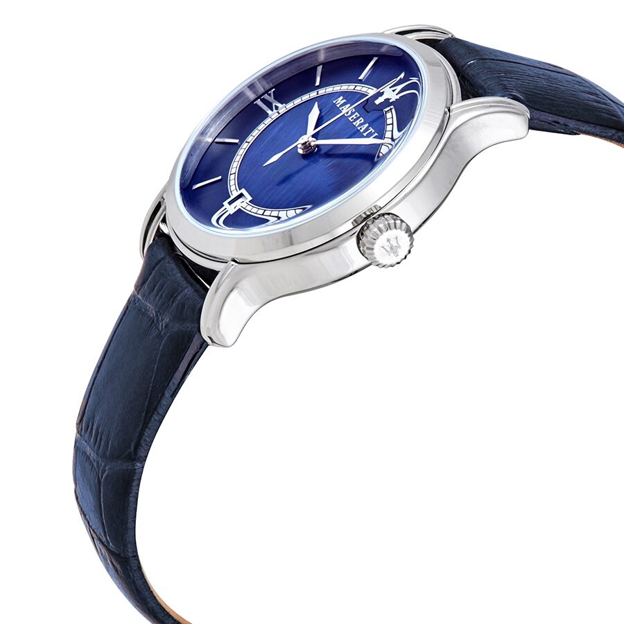 Maserati Epoca watch side view showing blue leather strap and silver crown