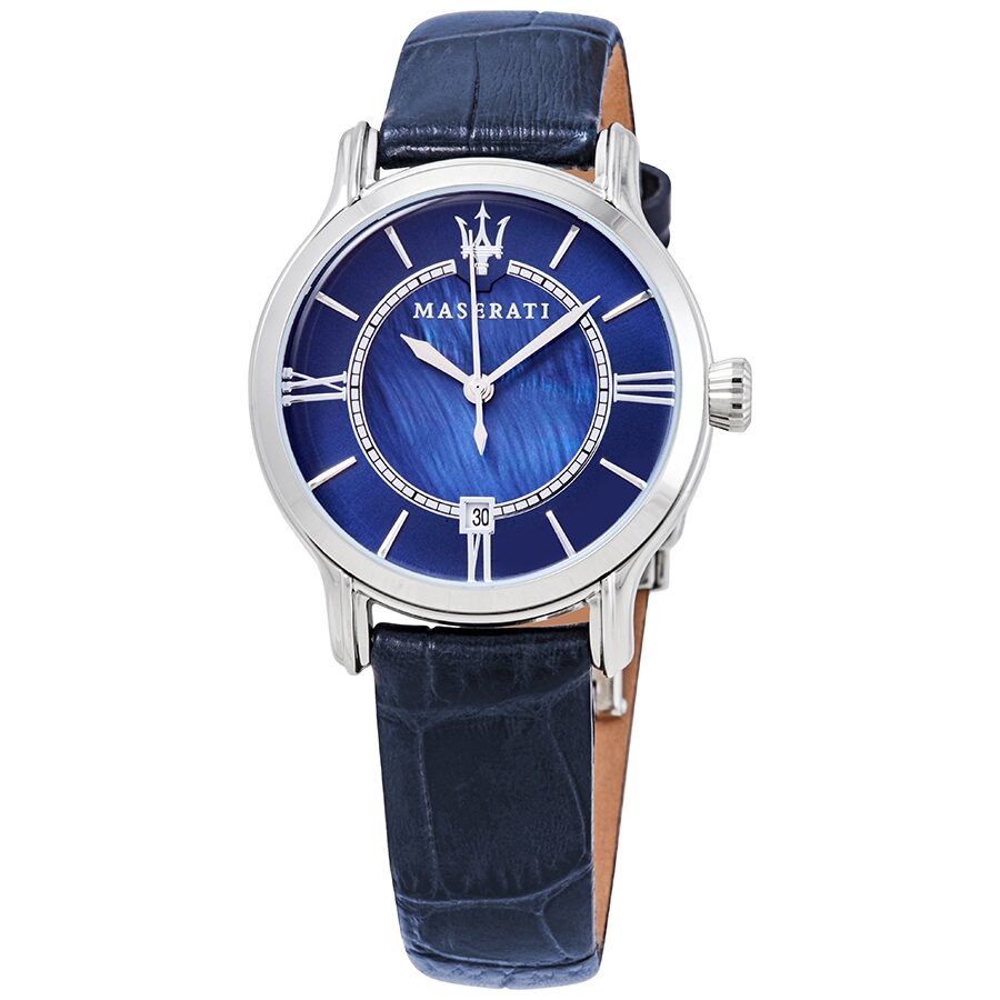 Maserati Epoca ladies watch with blue dial, silver case, and blue leather strap