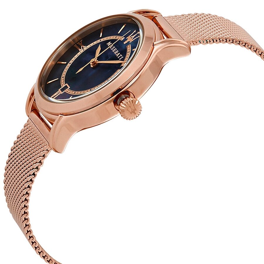 Maserati Epoca watch from angled side view showing rose gold case and mesh bracelet