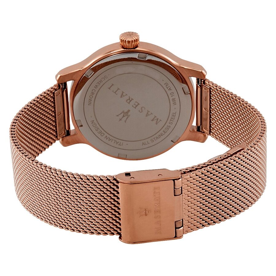 Maserati Epoca watch caseback showing rose gold case with mesh strap