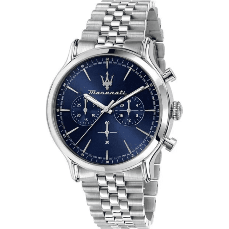 Maserati Epoca chronograph watch with blue dial and stainless steel bracelet, front view