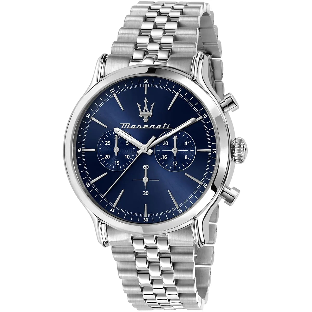 Maserati Epoca blue dial chronograph with three subdials and stainless steel bracelet