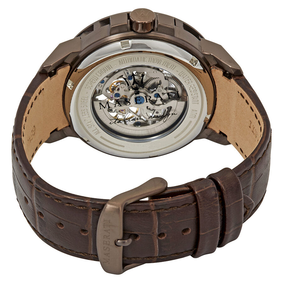 Maserati Ingegno watch caseback view displaying automatic skeleton movement with exposed mechanical components