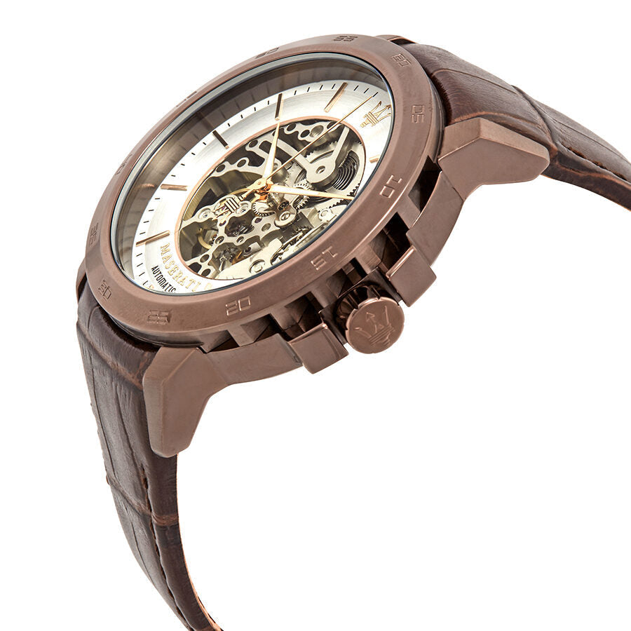 Maserati Ingegno watch side angle view showing brown case, leather strap, and skeleton dial with visible gears